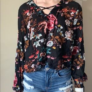 Lace Up Cropped Long Sleeve Shirt